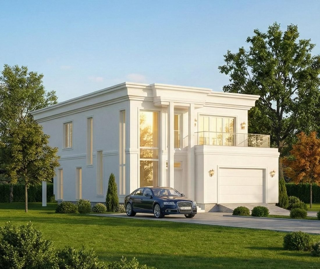 Projekt eleganckiego domu piętrowego z dużymi oknami, Warszawa