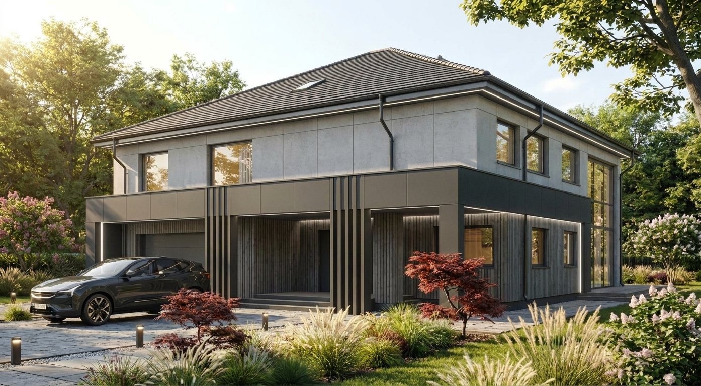 Projekt domu piętrowego z ciemną elewacją i drewnianymi lamelami, Warszawa