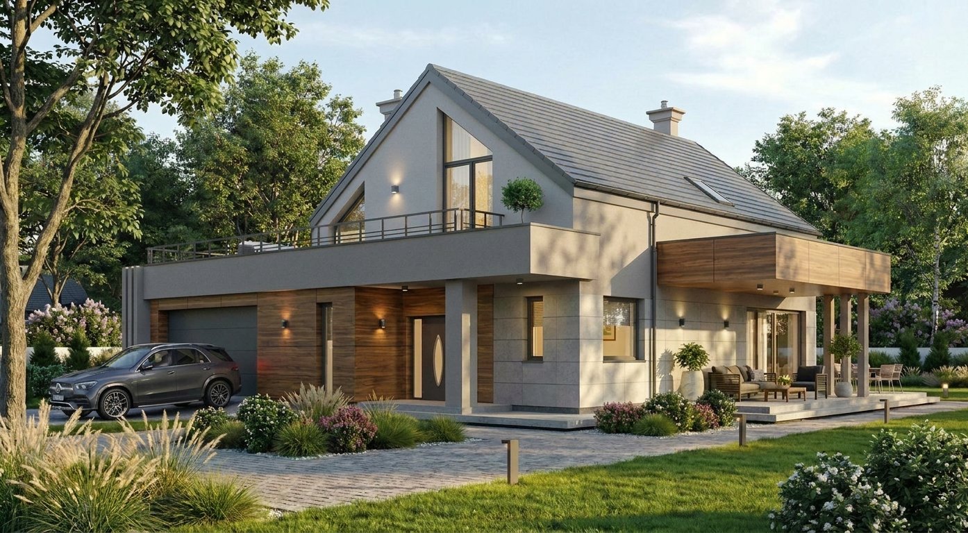 Projekt domu piętrowego z przeszkloną ścianą szczytową i tarasem, Warszawa